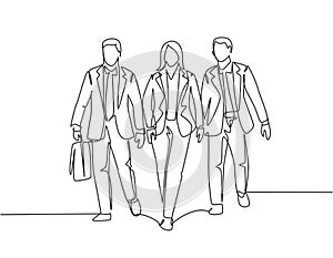 Single continuous line drawing of young businessman and businesswoman walking and talking together to the office. Urban commuter