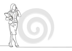 Single continuous line drawing of young businesswoman walking to the office and talking on the smartphone with her friend
