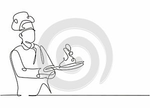 Single continuous line drawing of young confident handsome male chef throwing ingredient on pan while sauteing the food. Healthy