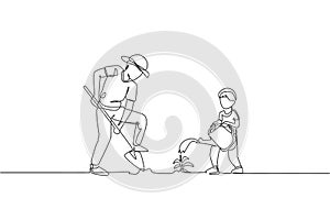 Single continuous line drawing young dad digging ground using shovel and son watering a plant at home garden . Happy family