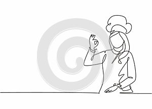 Single continuous line drawing of young excited beauty attractive female chef pose standing and giving okay gesture. Restaurant