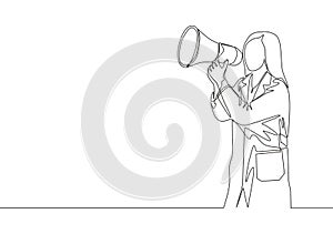 Single continuous line drawing of young female doctor announced important information to the patient using loudspeaker megaphone