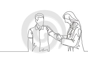 Single continuous line drawing of young female doctor giving vaccine injection to cure sick male patient at hospital