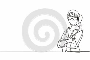 Single continuous line drawing young female scientist wearing goggling and holding flask in lab. Professional work job occupation