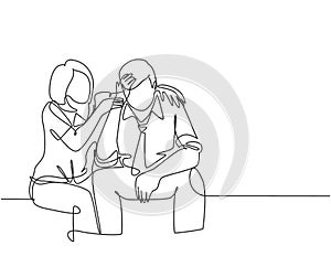Single continuous line drawing of young female worker hugging and cheering her sad and despair office friend. Work partner support