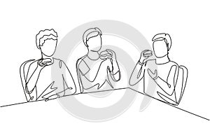 Single continuous line drawing young fun and smiling men together. Friends eating fast food meal in restaurant. Happy people