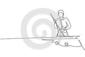 Single continuous line drawing of young handsome professional athlete man playing pool billiards at billiard room in bar. Indoor