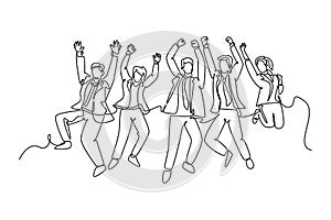 Single continuous line drawing young happy business man and business woman jumping to celebrate their successive team business.