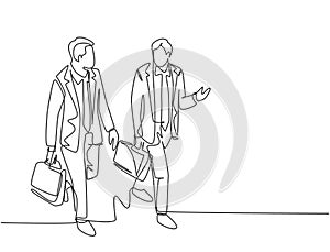 Single continuous line drawing of young happy business men talking to his colleagues when walking approaching the office. Business