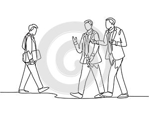Single continuous line drawing of young happy business men talking to his colleagues when walking approaching the office. Business