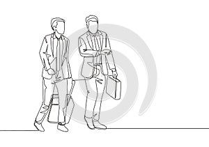 Single continuous line drawing of young happy business men talking to his colleagues when walking approaching the office