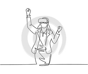 Single continuous line drawing of young happy businesswoman celebrates his successful finishing business simulation. Virtual