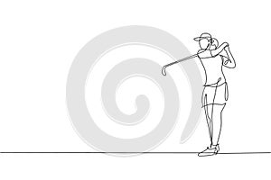 Single continuous line drawing of young happy golf player swing the golf club to hit the ball. Hobby sport concept. Trendy one