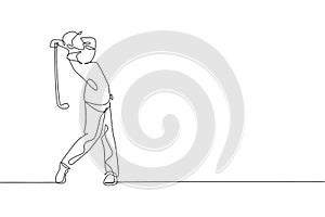 Single continuous line drawing of young happy golf player swing the golf club to hit the ball. Hobby sport concept. Trendy one