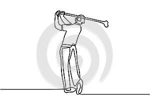 Single continuous line drawing of young happy golf player swing the golf club to hit the ball. A man swings a stick at the ball.