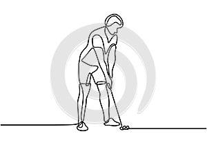 Single continuous line drawing of young happy golf player swing the golf club to hit the ball. A man swings a stick at the ball.