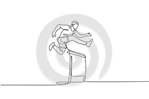 Single continuous line drawing of young happy health runner man jump running through hurdle barrier at run track. Run sport