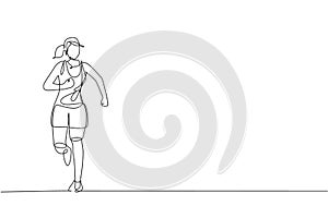 Single continuous line drawing of young happy health runner woman running at run track. Fun sport jogging and healthy lifestyle