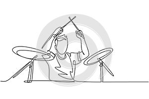 Single continuous line drawing of young happy male drummer performing to play drum on music concert stage. Musician artist photo