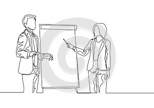 Single continuous line drawing of young happy male and female business coach speaking in front of the class. Coaching course