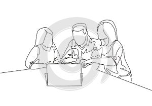 Single continuous line drawing of young happy male and female worker meeting to discuss work progress at the office