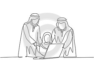Single continuous line drawing of young happy muslim workers watching business training video on laptop. Arab middle east cloth photo
