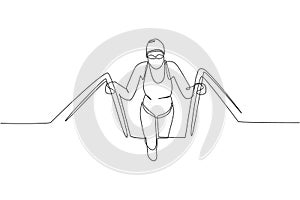 Single continuous line drawing of young happy professional swimmer woman out from water in gym swimming pool center. Healthy