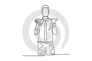 Single continuous line drawing young happy successful businessman show money paper stack and gives thumbs up gesture. Business