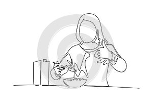 Single continuous line drawing of young happy woman eating breakfast with cereal and milk and giving thumbs up. Healthy nutrition