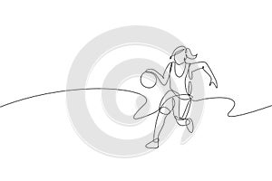 Single continuous line drawing of young healthy basketball female player dribbling. Competitive sport concept. Trendy one line