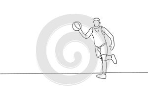 Single continuous line drawing of young healthy basketball player dribbling ball. Competitive sport concept. Trendy one line draw