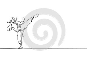 Single continuous line drawing of young Japanese culture ninja warrior on mask costume with attacking kick pose. Martial art