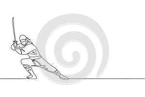 Single continuous line drawing of young Japanese culture ninja warrior on mask costume with attacking stance pose. Martial art