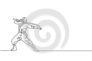 Single continuous line drawing of young Japanese culture ninja warrior on mask costume with attacking stance pose. Martial art