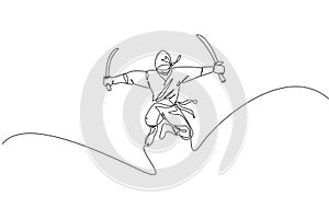 Single continuous line drawing of young Japanese culture ninja warrior on mask costume with jumping attack pose. Martial art