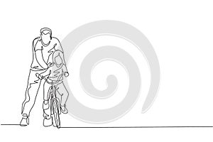 Single continuous line drawing of young kids girl learning ride bicycle with father at outdoor park. Parenthood lesson. Family