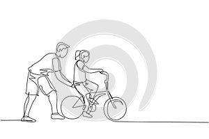 Single continuous line drawing of young kids girl learning ride bicycle with father at outdoor park. Parenthood lesson. Family