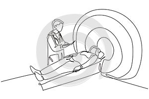 Single continuous line drawing of young male doctor do MRI procedure to the patient who suffered stroke brain damage. Medical