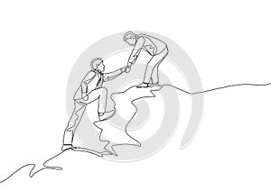 Single continuous line drawing of young male energetic businessman holding hands his partner to help climbing the hill. Teamwork