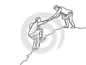 Single continuous line drawing of young male energetic businessman holding hands his partner to help climbing the hill. Trendy