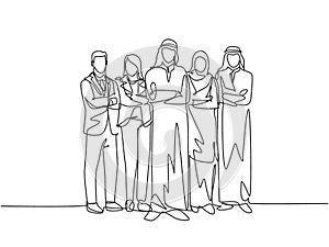 Single continuous line drawing of young male and female muslim staff employees line up together at the office. Arab middle east