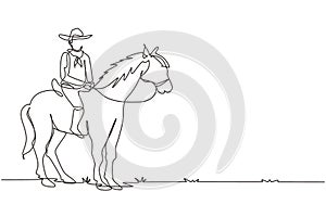 Single continuous line drawing young man with cowboy hat riding horse. Senior men pose elegance on horseback. Cowboy riding