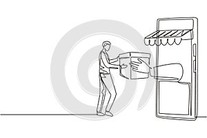 Single continuous line drawing young man receives package box from large canopy smartphone screen and hands it over. Digital