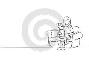 Single continuous line drawing young mother siting on sofa hugging her daughter and reading a storybook at home. Happy family