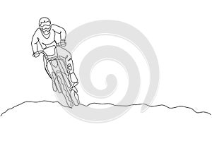 Single continuous line drawing of young motocross ride drive the bike so fast at track. Extreme sport race concept vector