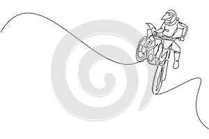 Single continuous line drawing of young motocross rider does dangerous acrobatic trick. Extreme sport race concept vector