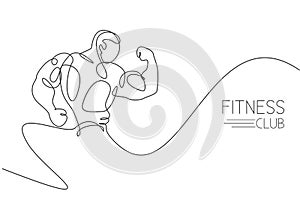 Single continuous line drawing of young muscular model man bodybuilder posing elegantly. Fitness center gym logo. Trendy one line