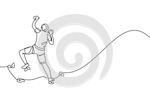 Single continuous line drawing of young muscular rockclimber man climbing hanging on mountain grip. Outdoor active lifestyle and