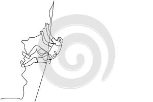 Single continuous line drawing of young muscular rockclimber man climbing hanging on mountain grip. Outdoor active lifestyle and