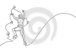 Single continuous line drawing of young muscular rockclimber man climbing hanging on mountain grip. Outdoor active lifestyle and